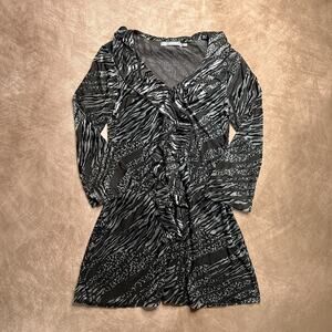 Vintage Ny Collection 3/4 Sleeve Ruffle Neck Blouse Burnout Animal Print Velour